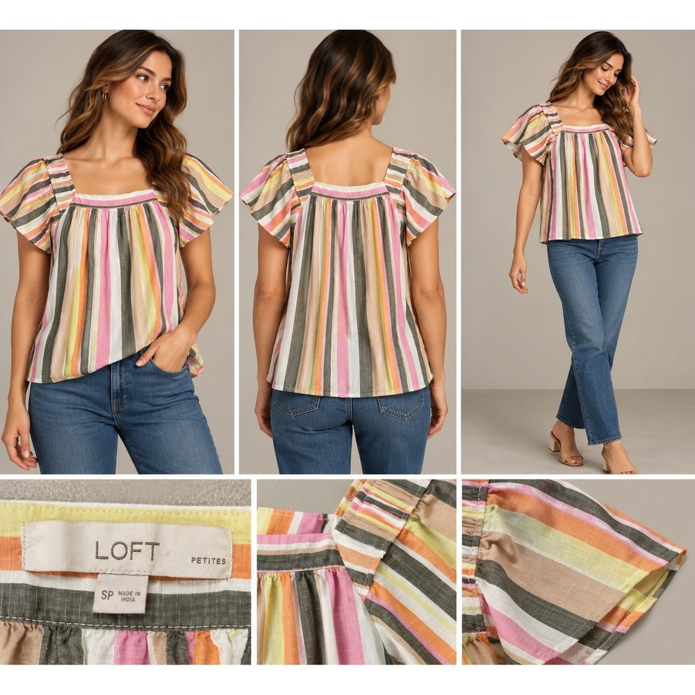 LOFT Blouse Womens SP Multicolor Excellent Boho Coastal Striped Flutter Sleeve